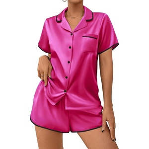 Ekouaer Women’s Satin Pajamas Set 2 piece Silky Sleepwear Buttton Down Short Sleeves Top and Shorts Pj Set S-XXL(Hot Pink)