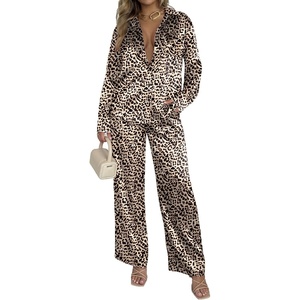 Ekouaer Womens Satin Silky Pajama Set 2 Piece Print PJs Soft Loungewear Button Down Sleepwear with Elastic Waist Long Pants(C_black Leopard)