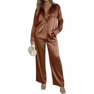 Ekouaer Womens Satin Silky Pajama Set 2 Piece Print PJs Soft Loungewear Button Down Sleepwear with Elastic Waist Long Pants(C_clay)