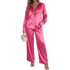 Ekouaer Womens Satin Silky Pajama Set 2 Piece Print PJs Soft Loungewear Button Down Sleepwear with Elastic Waist Long Pants(C_hot Pink)