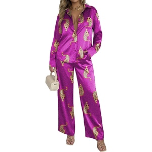 Ekouaer Womens Satin Silky Pajama Set 2 Piece Print PJs Soft Loungewear Button Down Sleepwear with Elastic Waist Long Pants(C_purple Leopard)