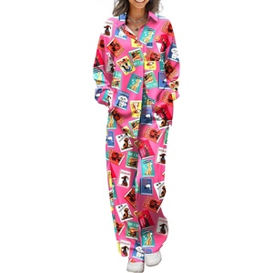 Ekouaer Womens Satin Silky Pajama Set 2 Piece Print PJs Soft Loungewear Button Down Sleepwear with Elastic Waist Long Pants(Red Cartoon Book Print)
