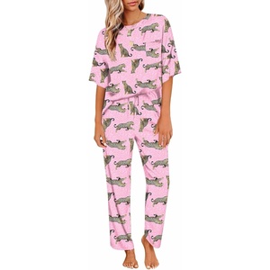 Ekouaer Womens Satin Silky Pajama Set Short Sleeve Shirt with Long Pajama Pant Set Soft PJ Loungewear(Cheetah)