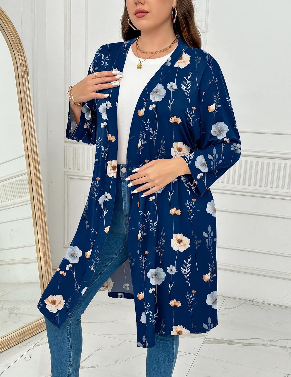 image:imageEkouaer Women Plus Size Robe Knee Length Lightweight Bathrobe Short Kimono Robes with Pockets Maternity RobeNavy Florals