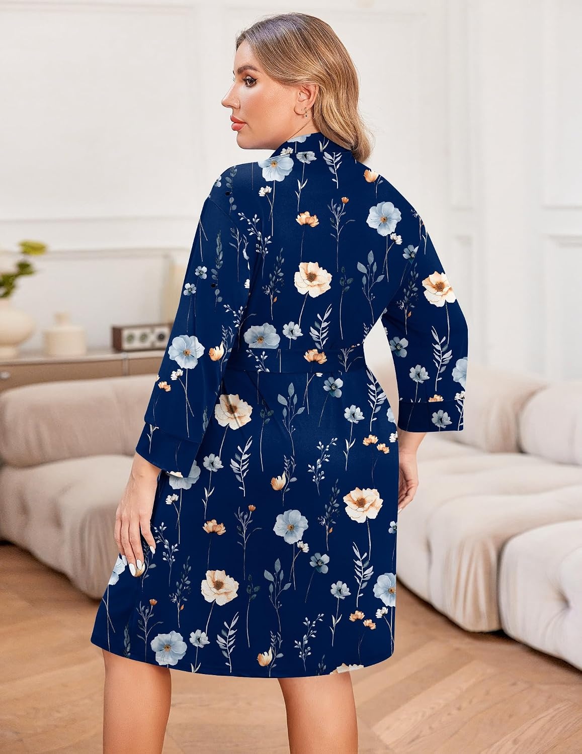 image:imageEkouaer Women Plus Size Robe Knee Length Lightweight Bathrobe Short Kimono Robes with Pockets Maternity RobeNavy Florals