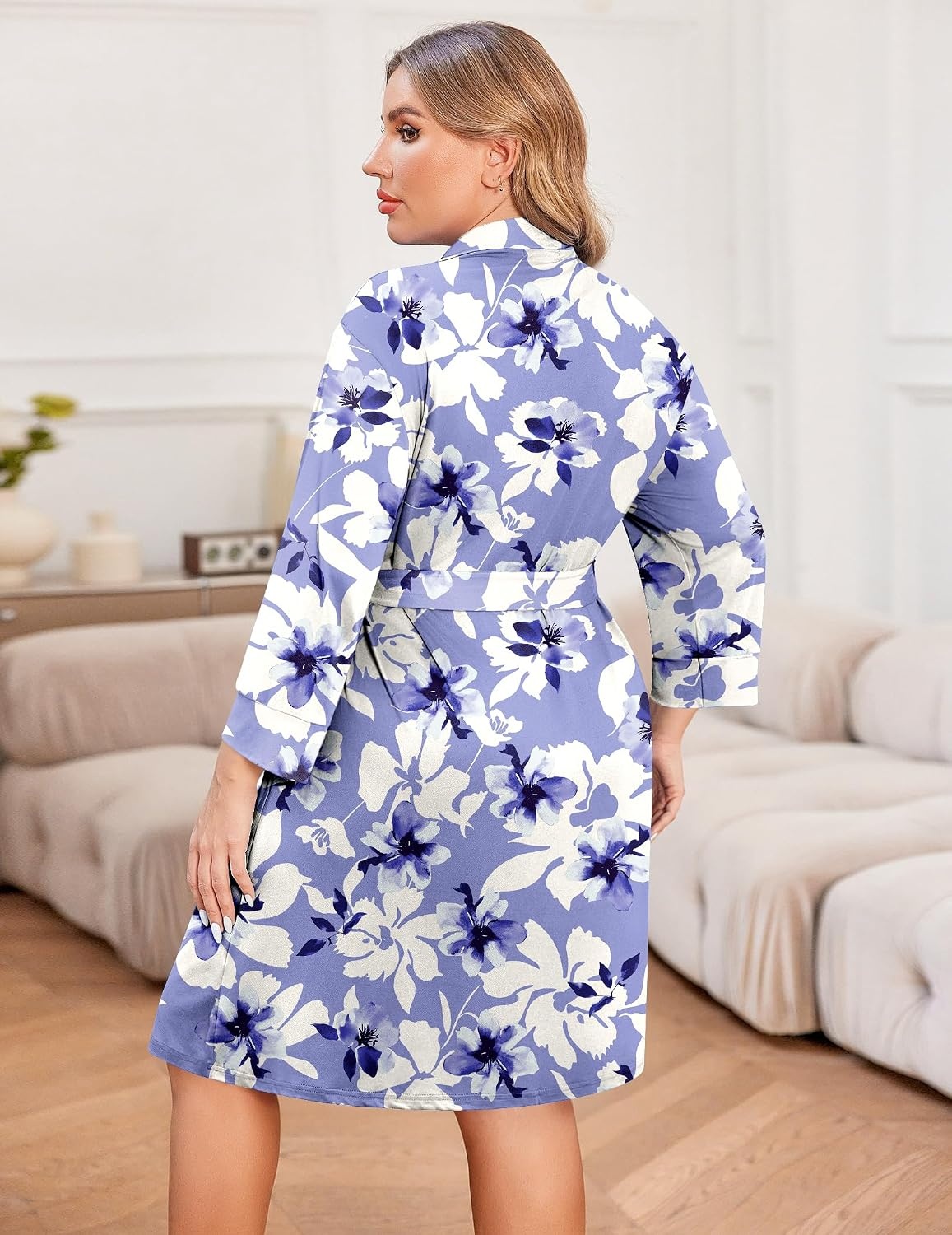 image:imageEkouaer Women Plus Size Robe Knee Length Lightweight Bathrobe Short Kimono Robes with Pockets Maternity RobePurple White Flowers