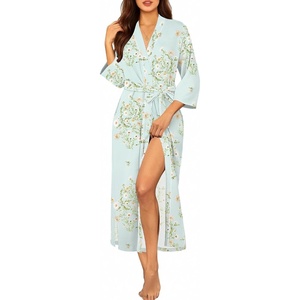 Ekouaer Robes for Women Long Knit Bathrobe Lightweight 3/4 Sleeves Kimono Robe Soft Sleepwear with Pockets S-XXL(Green Daisy)