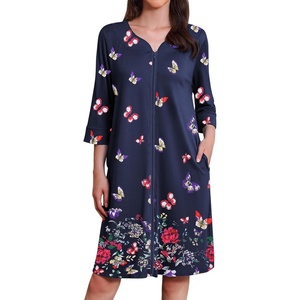 Ekouaer Zipper Robes for Women 3/4 Sleeves Housecoat Knee Length Sleepwear Soft House Dresses with Pockets