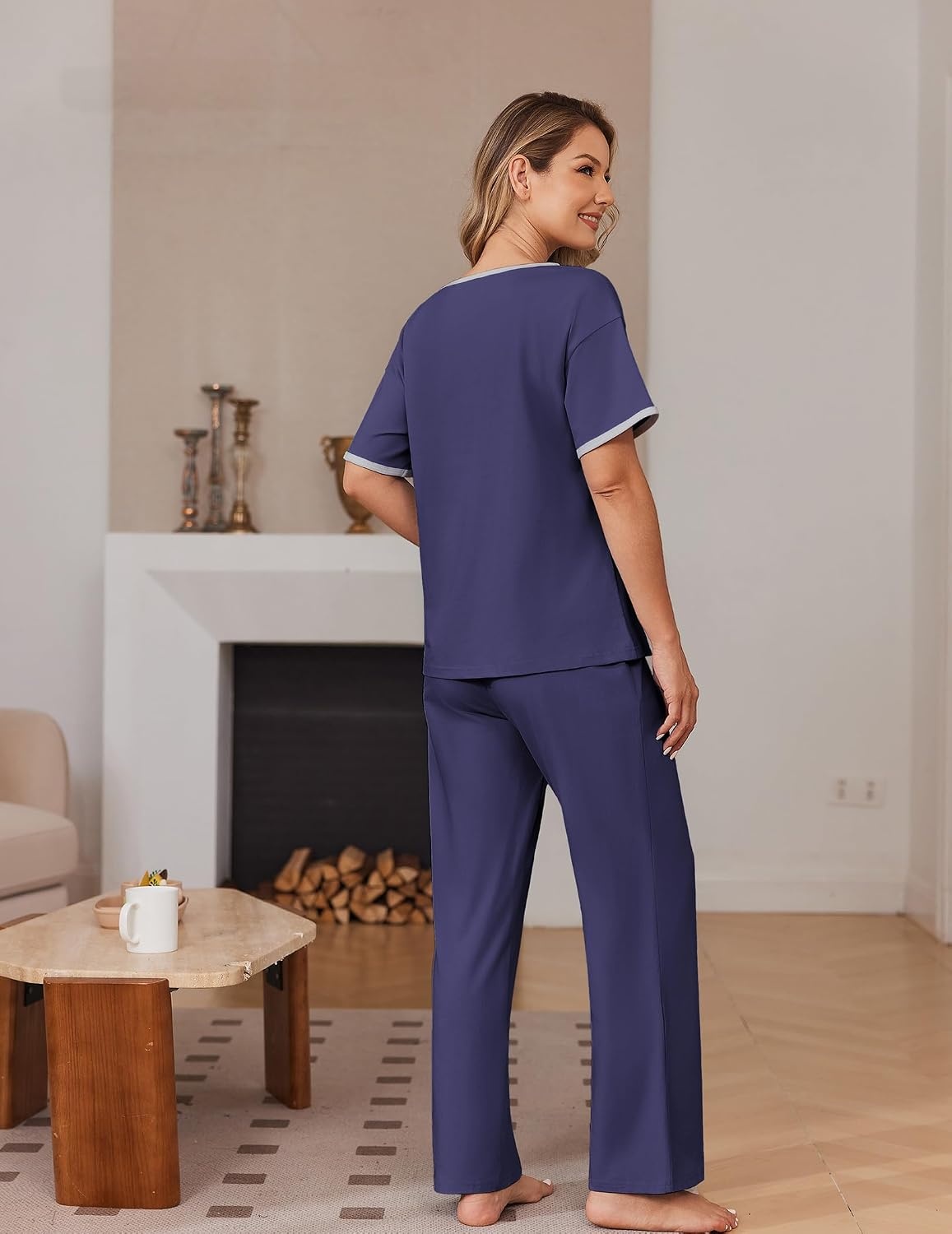 image:imageEkouaer 100 Cotton Pajama for Women Short Sleeve Pj Top With Long Pants 2 Piece Lounge Set with PocketDark Blue