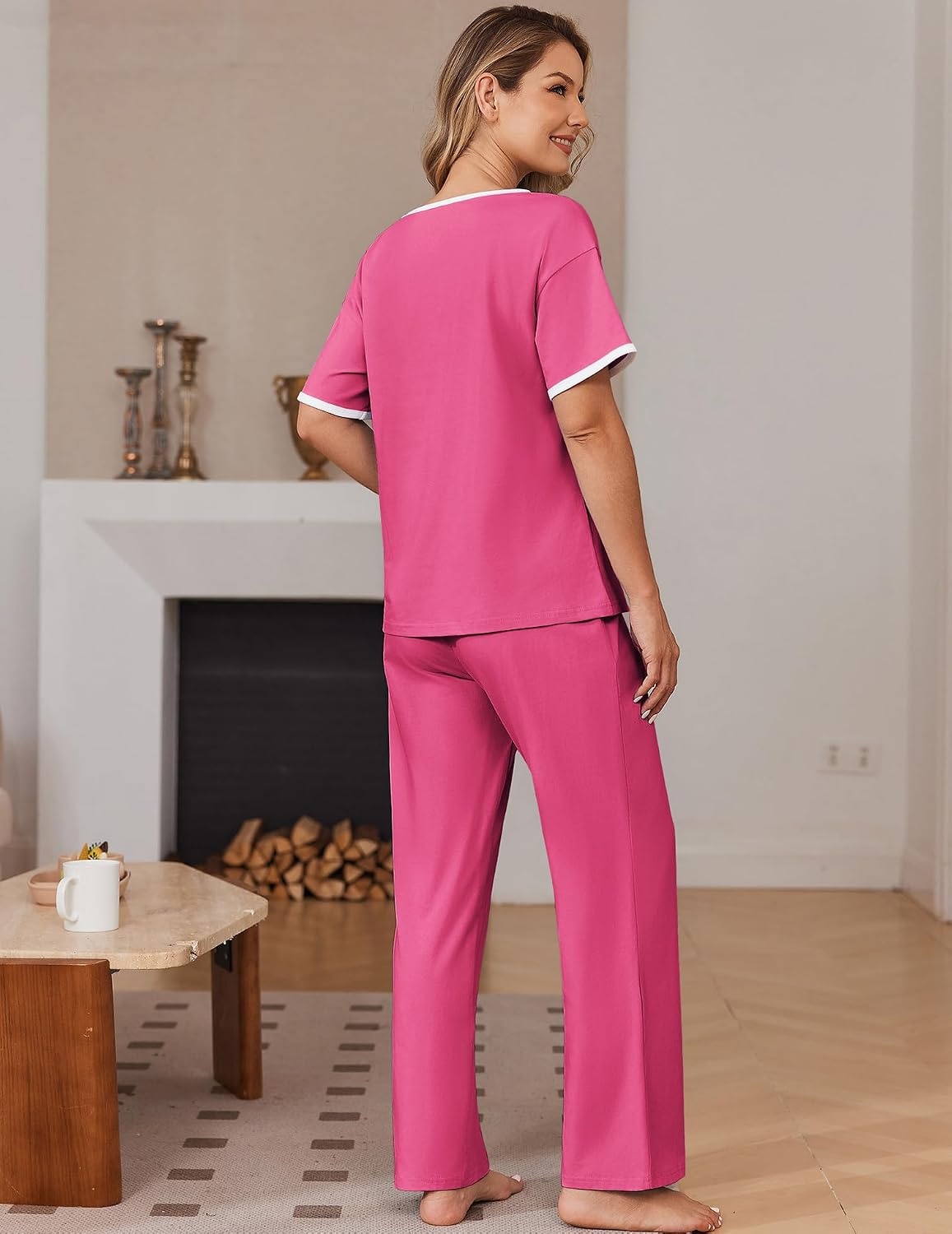 image:imageEkouaer 100 Cotton Pajama for Women Short Sleeve Pj Top With Long Pants 2 Piece Lounge Set with PocketRose Red