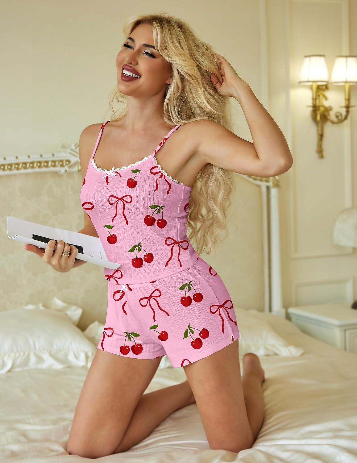image:imageEkouaer Women Pajama Sets 2 Piece Cute Cami Sleepwear Lace Trim Pj Top Soft Summer Lounge Shorts Sexy Lingerie SXXLBow Cherry