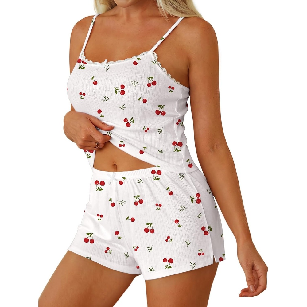 image:imageEkouaer Women Pajama Sets 2 Piece Cute Cami Sleepwear Lace Trim Pj Top Soft Summer Lounge Shorts Sexy Lingerie SXXLCherry