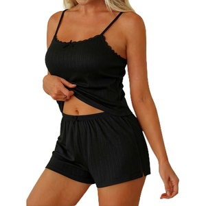 Ekouaer Women Pajama Sets 2 Piece Cute Cami Sleepwear Lace Trim Pj Top Soft Summer Lounge Shorts Sexy Lingerie S-XXL(Black)