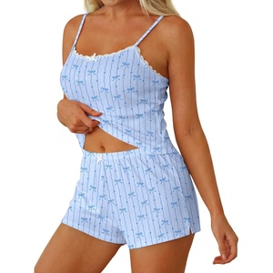 Ekouaer Women Pajama Sets 2 Piece Cute Cami Sleepwear Lace Trim Pj Top Soft Summer Lounge Shorts Sexy Lingerie S-XXL(Blue Stripe Bows)