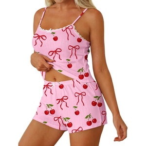 Ekouaer Women Pajama Sets 2 Piece Cute Cami Sleepwear Lace Trim Pj Top Soft Summer Lounge Shorts Sexy Lingerie S-XXL(Bow & Cherry)