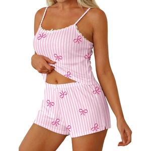 Ekouaer Women Pajama Sets 2 Piece Cute Cami Sleepwear Lace Trim Pj Top Soft Summer Lounge Shorts Sexy Lingerie S-XXL(Pink Bow)
