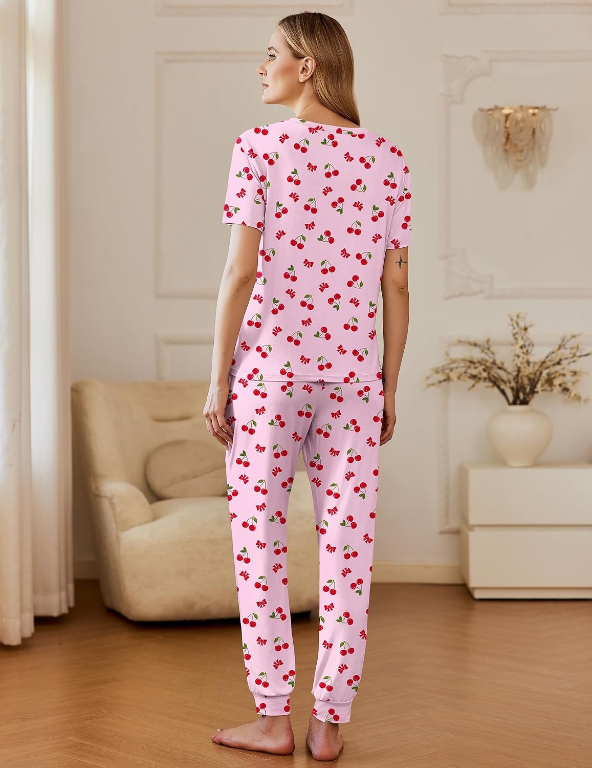 image:imageEkouaer Pajamas for Women Set 2 Pack Lounge Set Short Sleeve Pjs Joggers Long Pants Loungepwear with PocketsBlue Bowpink Cherry