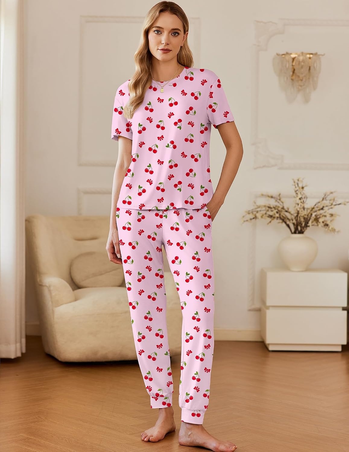 image:imageEkouaer Pajamas for Women Set 2 Pack Lounge Set Short Sleeve Pjs Joggers Long Pants Loungepwear with PocketsBlue Bowpink Cherry