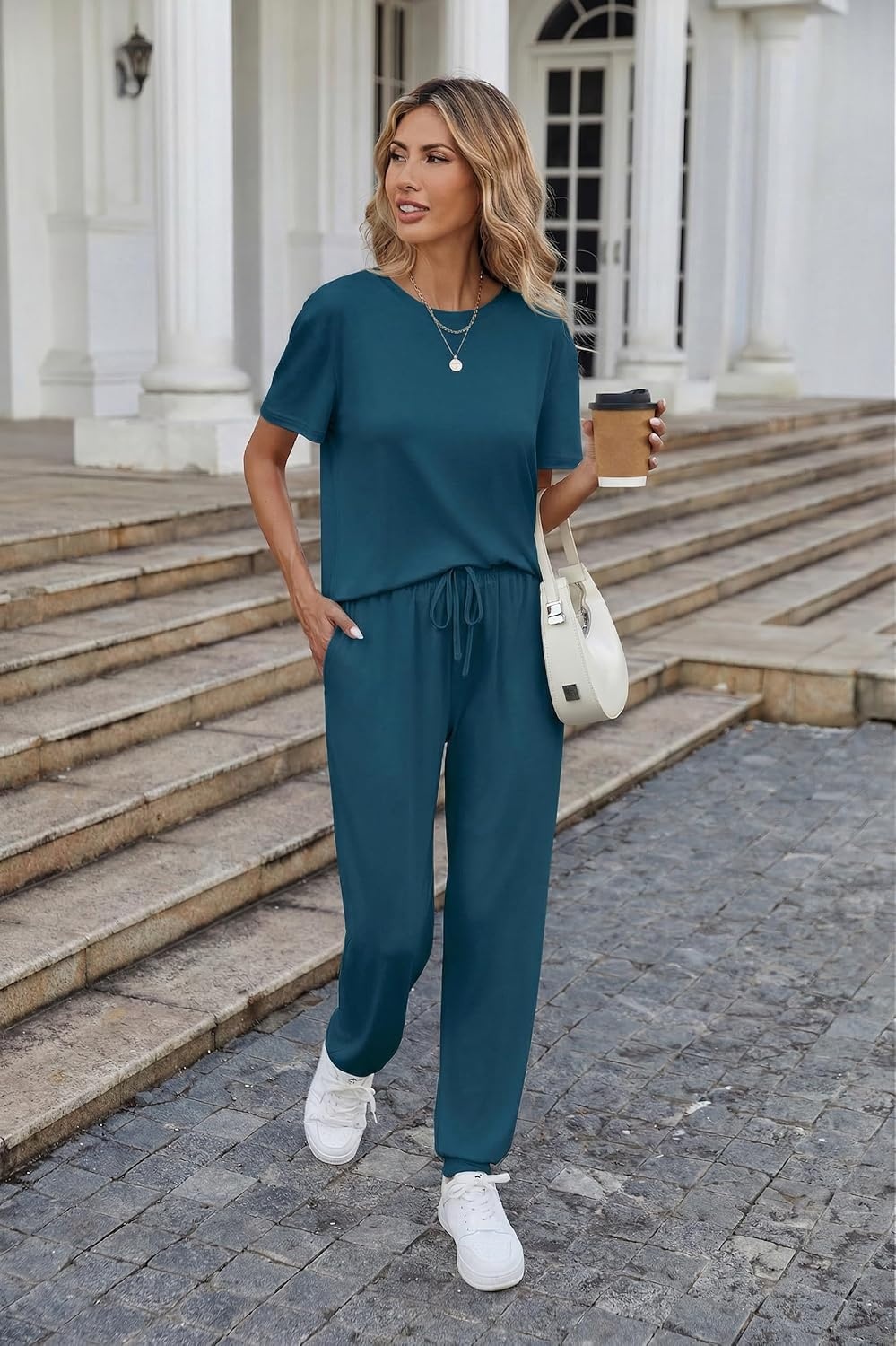 image:imageEkouaer Pajamas for Women Set 2 Pack Lounge Set Short Sleeve Pjs Joggers Long Pants Loungepwear with PocketsBlue Greennavy Bule