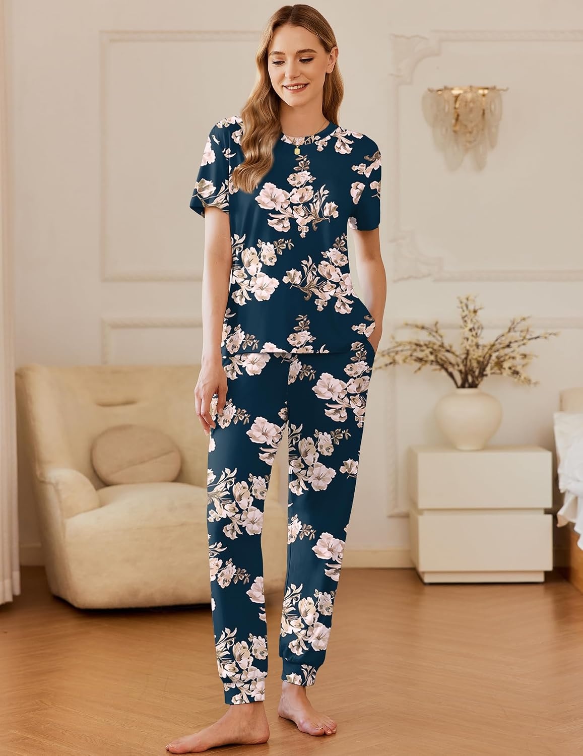 image:imageEkouaer Pajamas for Women Set 2 Pack Lounge Set Short Sleeve Pjs Joggers Long Pants Loungepwear with PocketsNavy Blue Flowerwhite Flower