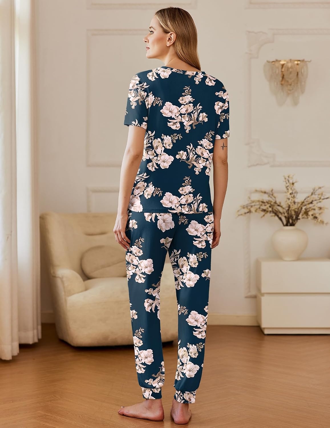 image:imageEkouaer Pajamas for Women Set 2 Pack Lounge Set Short Sleeve Pjs Joggers Long Pants Loungepwear with PocketsNavy Blue Flowerwhite Flower