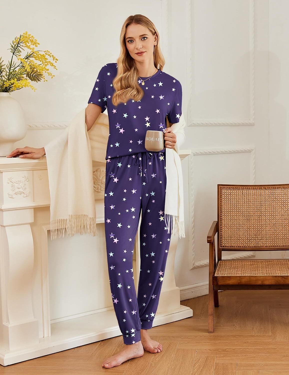 image:imageEkouaer Pajamas for Women Set 2 Pack Lounge Set Short Sleeve Pjs Joggers Long Pants Loungepwear with PocketsPink Starpurple Star