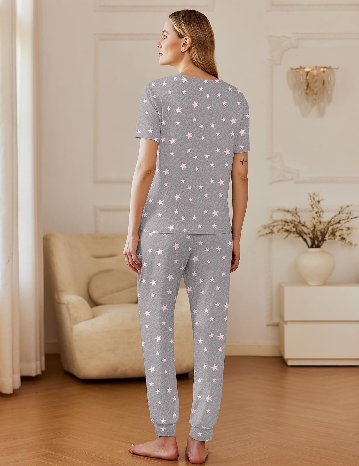 image:imageEkouaer Pajamas for Women Set 2 Pack Lounge Set Short Sleeve Pjs Joggers Long Pants Loungepwear with PocketsPink Starpurple Star