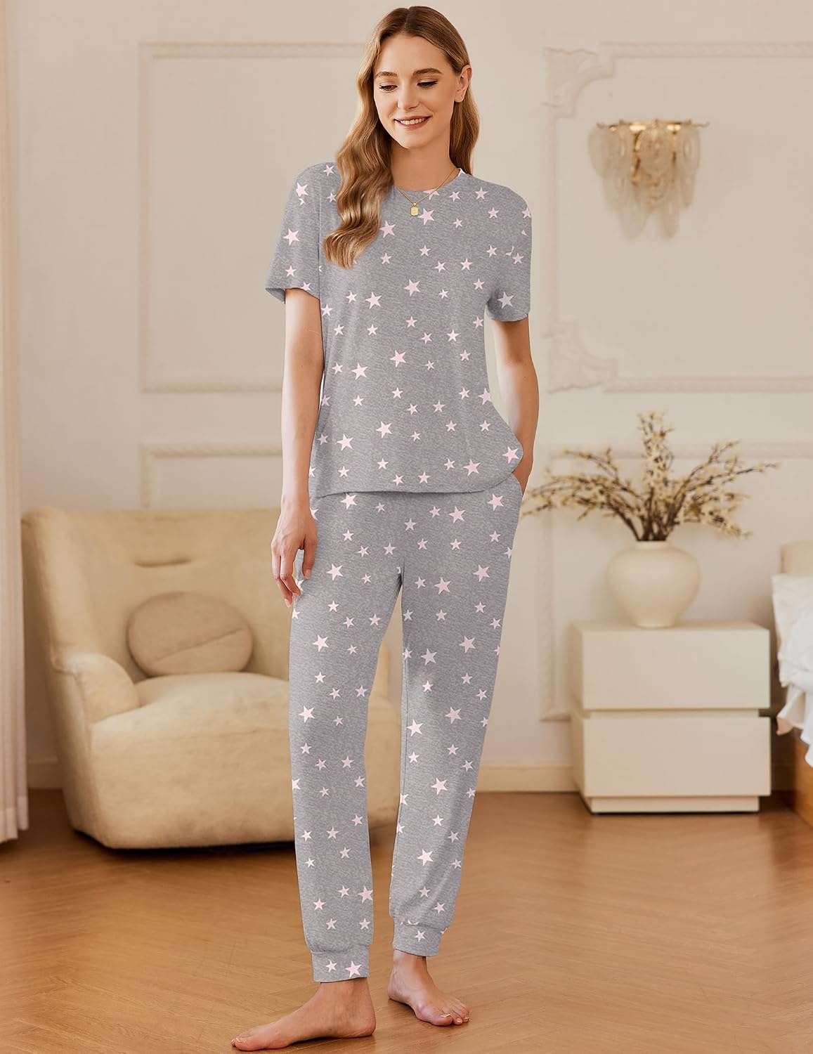image:imageEkouaer Pajamas for Women Set 2 Pack Lounge Set Short Sleeve Pjs Joggers Long Pants Loungepwear with PocketsPink Starpurple Star