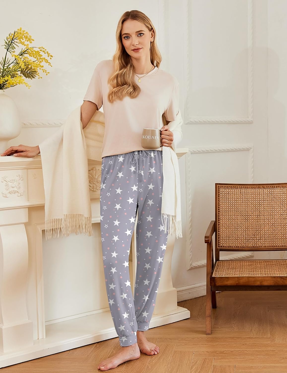 image:imageEkouaer Pajamas for Women Set 2 Pack Lounge Set Short Sleeve Pjs Joggers Long Pants Loungepwear with PocketsStarleopard