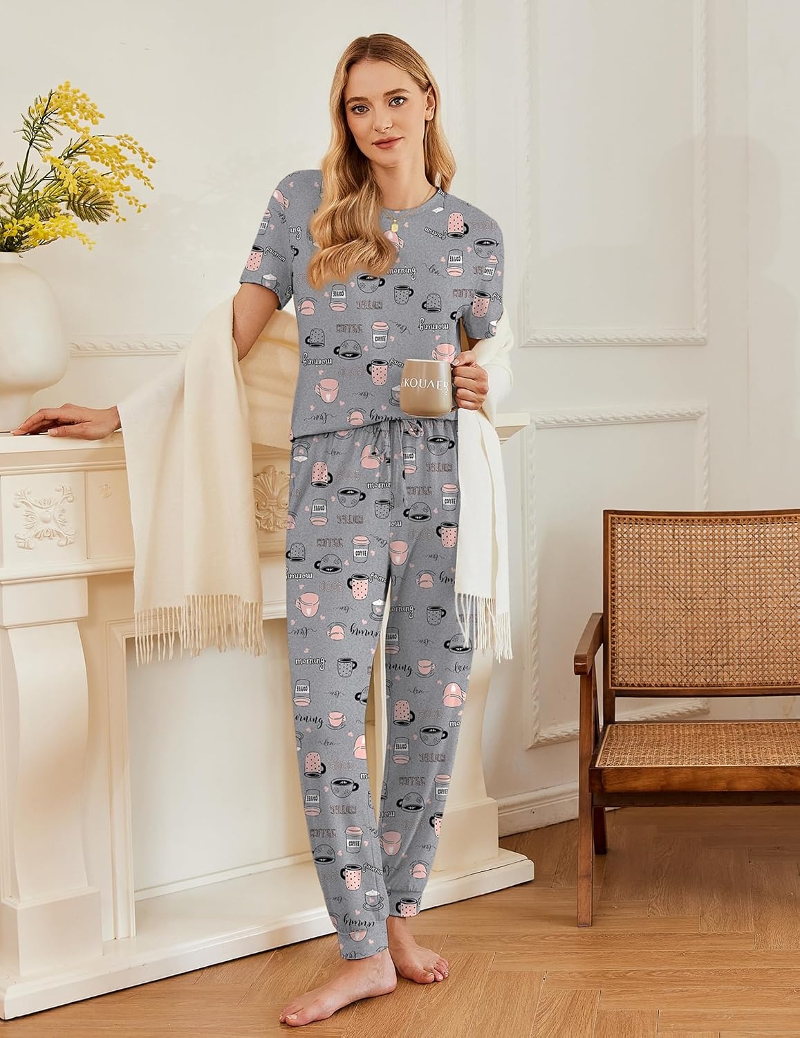 image:imageEkouaer Pajamas for Women Set 2 Pack Lounge Set Short Sleeve Pjs Joggers Long Pants Loungepwear with PocketsWine Redgrey Coffee