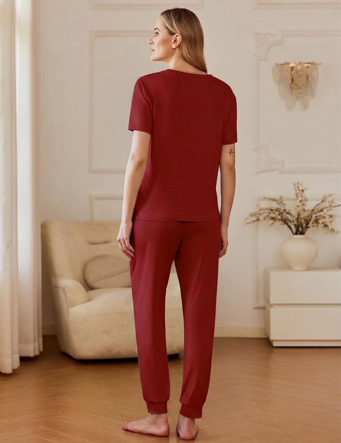 image:imageEkouaer Pajamas for Women Set 2 Pack Lounge Set Short Sleeve Pjs Joggers Long Pants Loungepwear with PocketsWine Redgrey Coffee