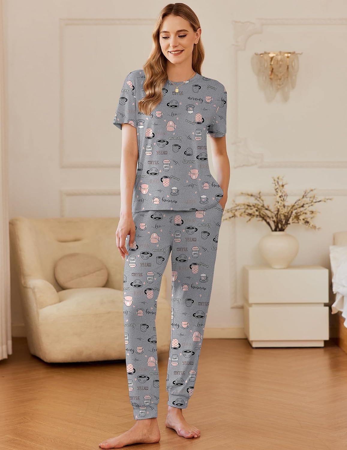 image:imageEkouaer Pajamas for Women Set 2 Pack Lounge Set Short Sleeve Pjs Joggers Long Pants Loungepwear with PocketsWine Redgrey Coffee