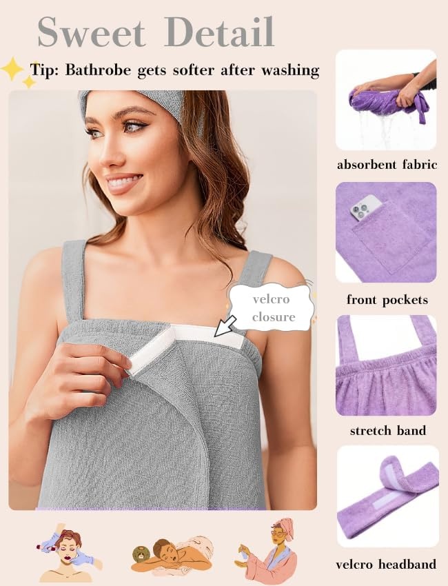 image:imageEkouaer Towel Robe for Women Spa Bath Wrap Lightweight Towel Wrap with Pockets Adjustable Shower Robe with HeadbandAgray