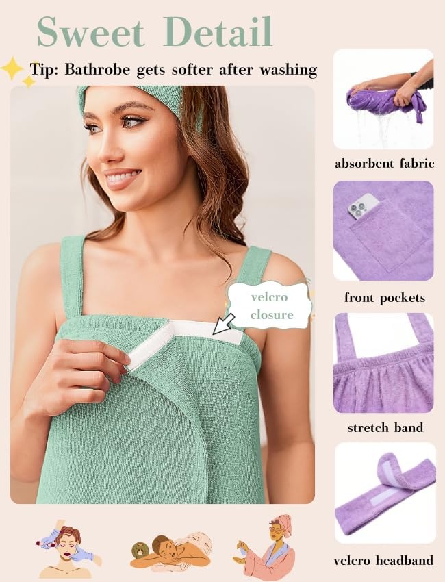 image:imageEkouaer Towel Robe for Women Spa Bath Wrap Lightweight Towel Wrap with Pockets Adjustable Shower Robe with HeadbandAmint Green