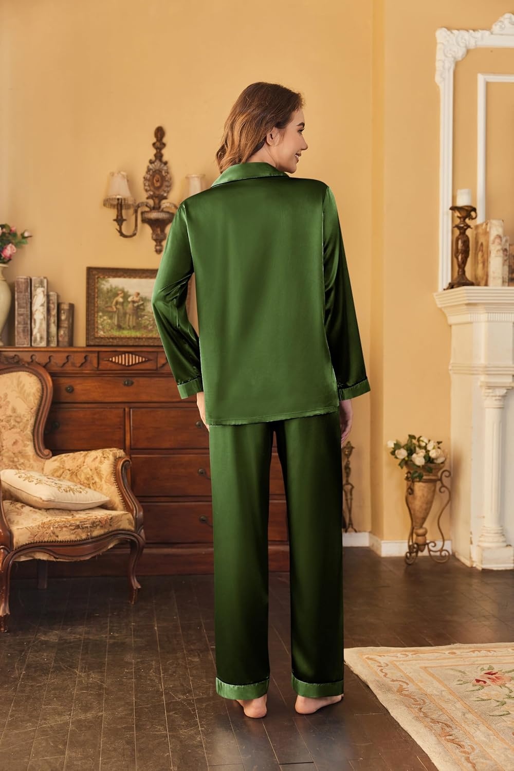 image:imageEkouaer Women Satin Pajamas Set Classic Button Down Long Pjs SetArmy Green 02