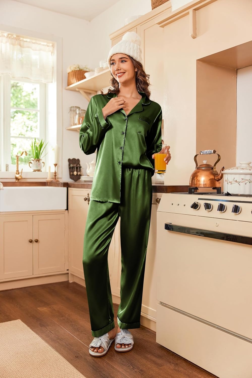image:imageEkouaer Women Satin Pajamas Set Classic Button Down Long Pjs SetArmy Green 02
