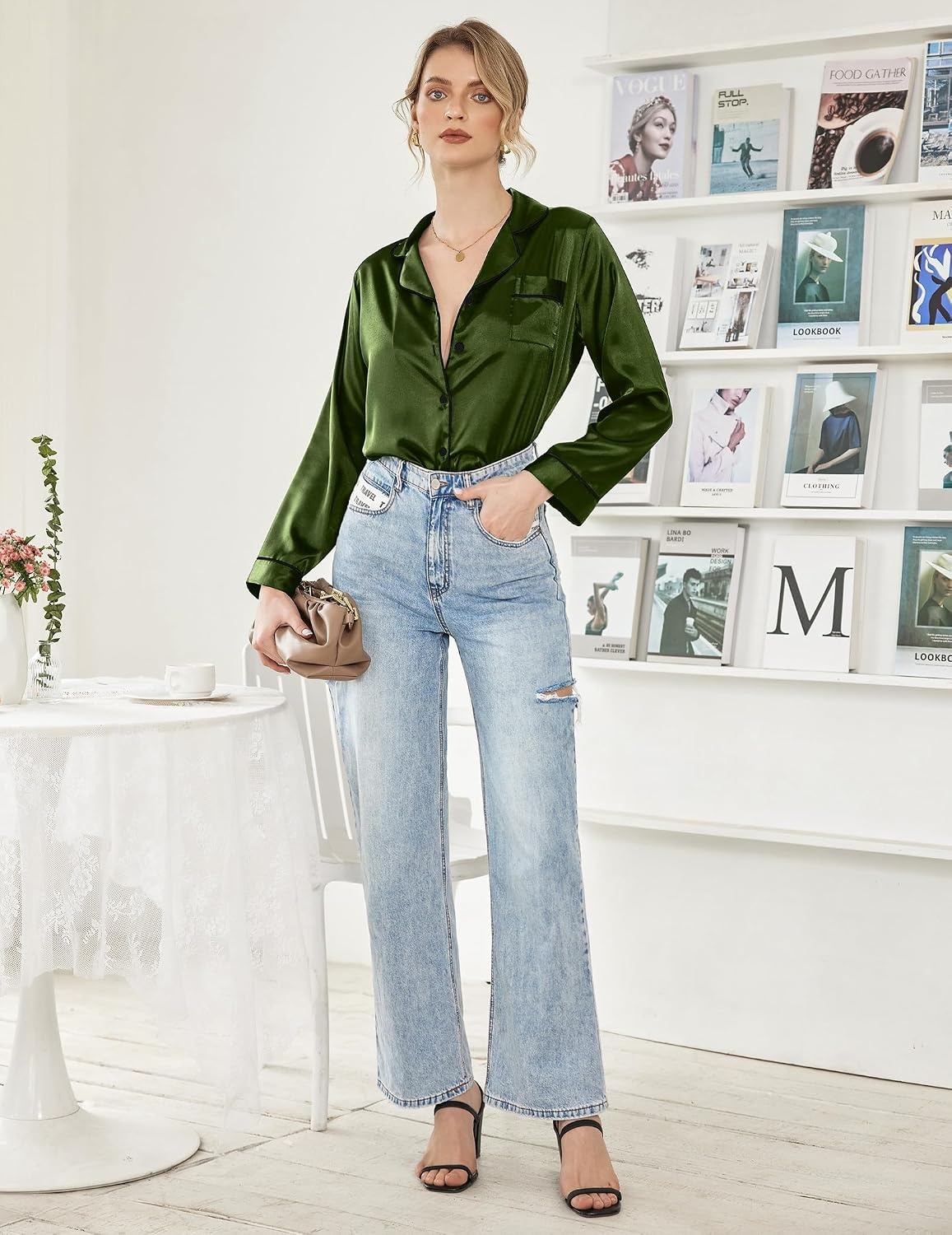 image:imageEkouaer Women Satin Pajamas Set Classic Button Down Long Pjs SetArmy Green 02