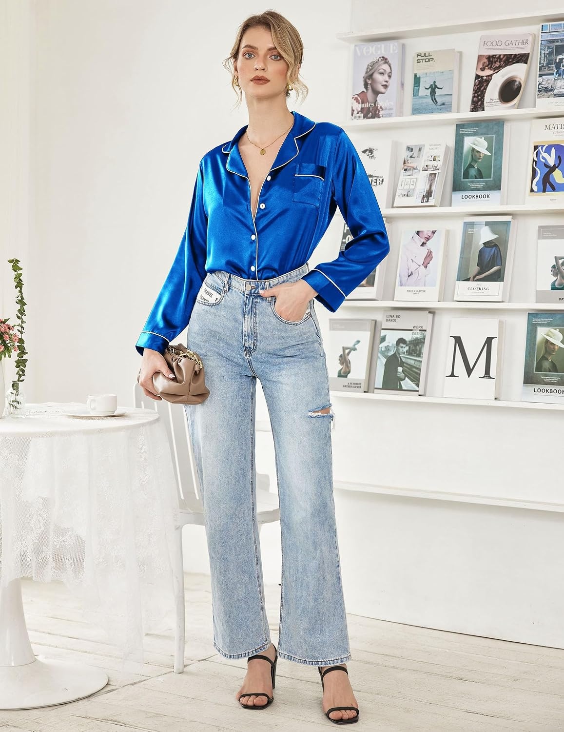 image:imageEkouaer Women Satin Pajamas Set Classic Button Down Long Pjs SetBlue 02