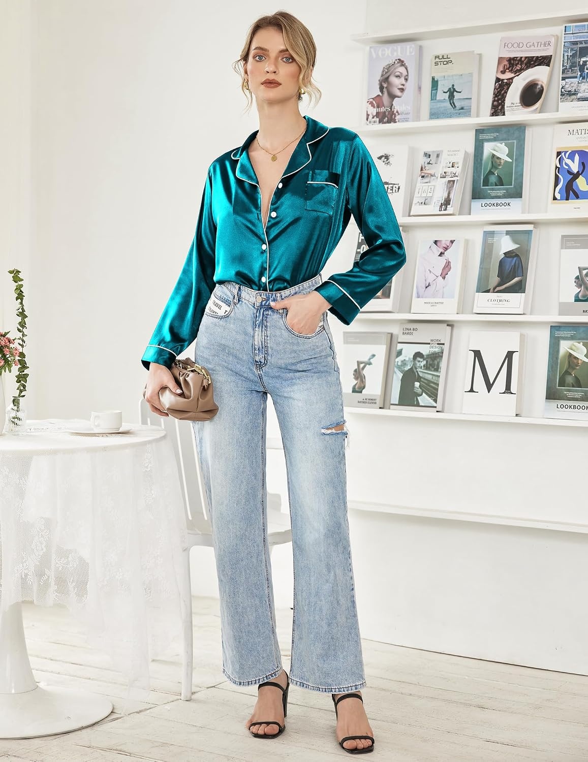 image:imageEkouaer Women Satin Pajamas Set Classic Button Down Long Pjs SetBlue Green 02