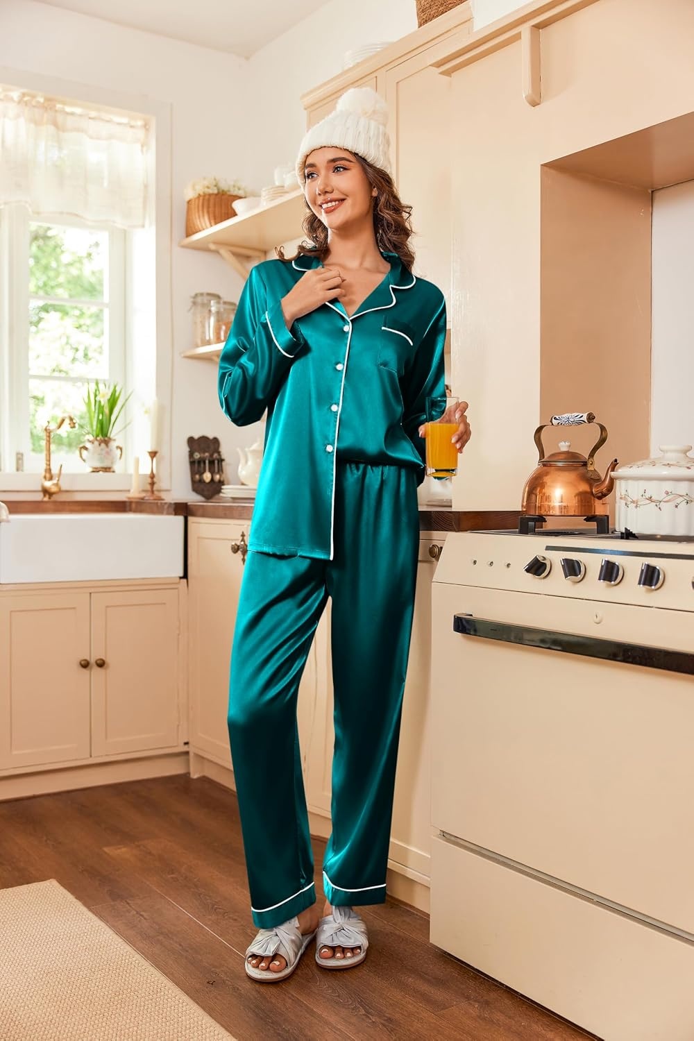 image:imageEkouaer Women Satin Pajamas Set Classic Button Down Long Pjs SetBlue Green 02