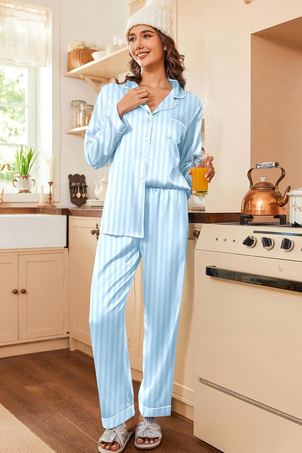 image:imageEkouaer Women Satin Pajamas Set Classic Button Down Long Pjs SetBlue Stripes 02