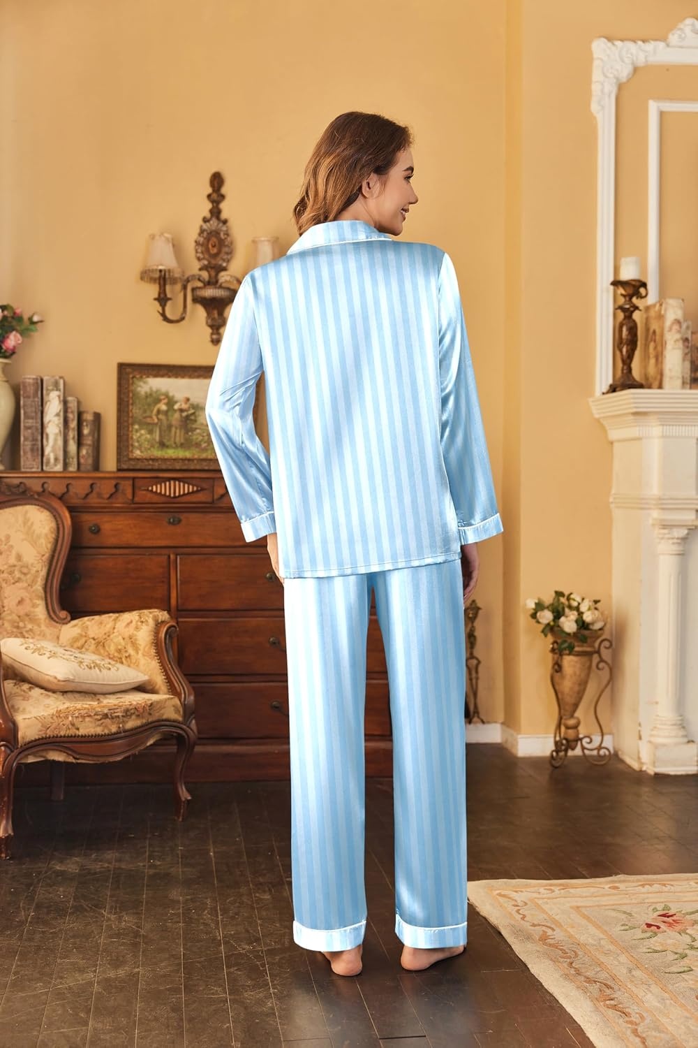 image:imageEkouaer Women Satin Pajamas Set Classic Button Down Long Pjs SetBlue Stripes 02