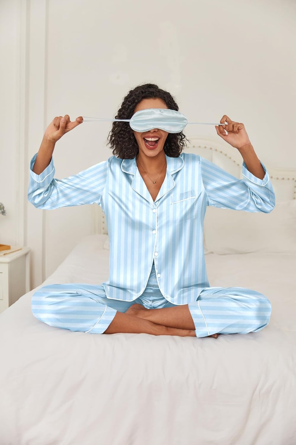 image:imageEkouaer Women Satin Pajamas Set Classic Button Down Long Pjs SetBlue Stripes 02