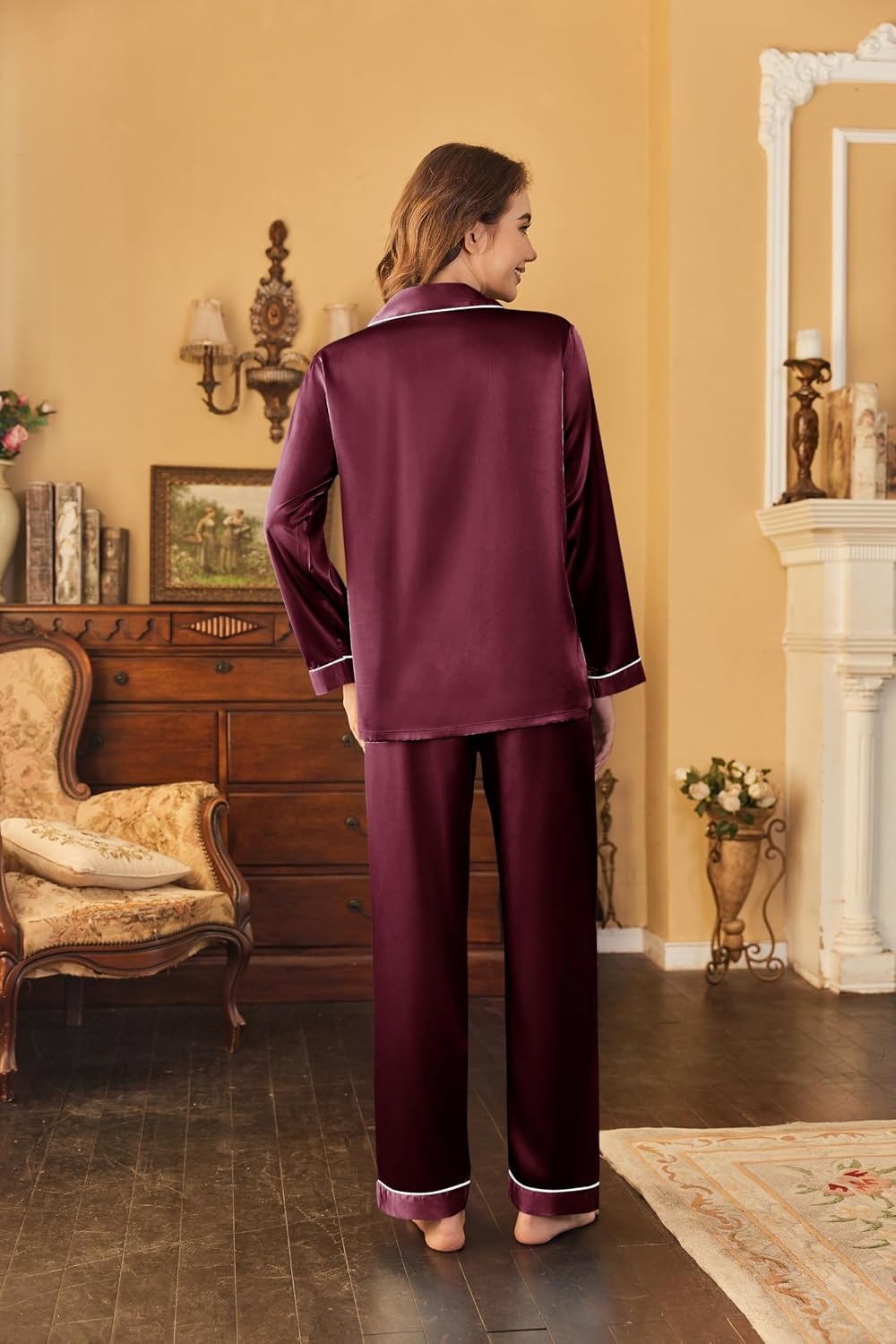 image:imageEkouaer Women Satin Pajamas Set Classic Button Down Long Pjs SetBurgundy 02