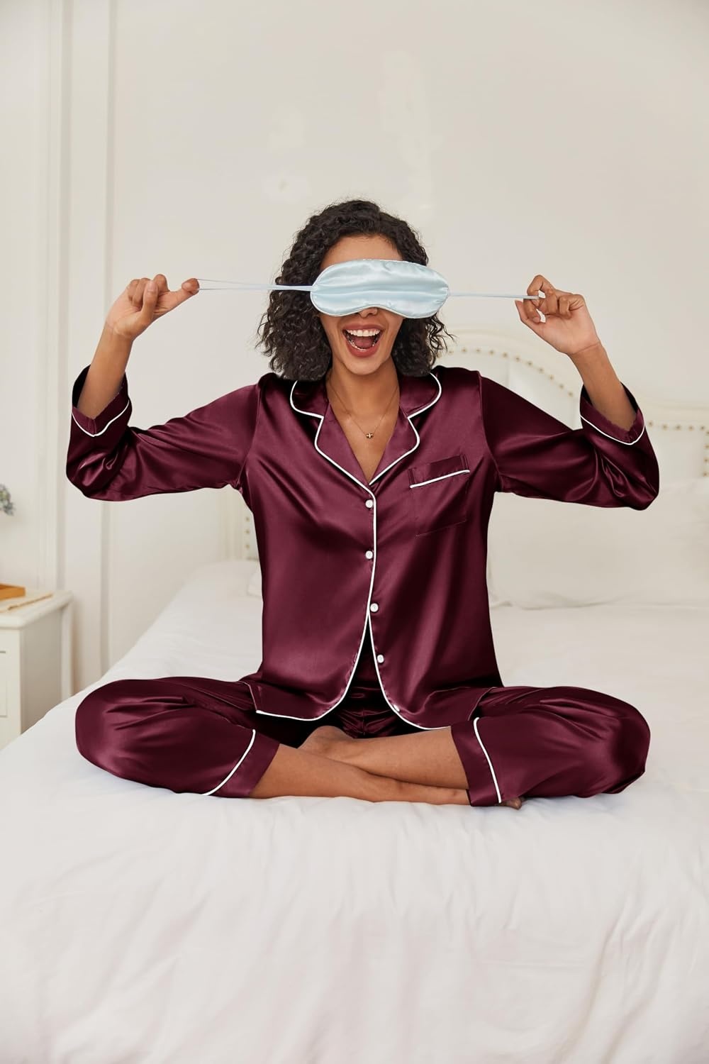 image:imageEkouaer Women Satin Pajamas Set Classic Button Down Long Pjs SetBurgundy 02