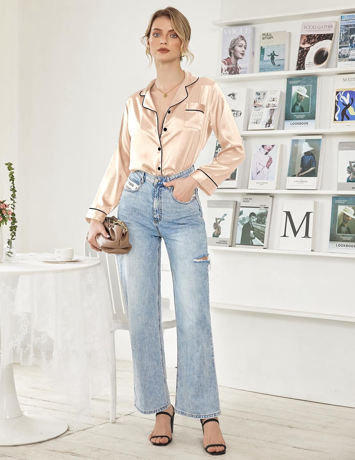image:imageEkouaer Women Satin Pajamas Set Classic Button Down Long Pjs SetChampagne 02