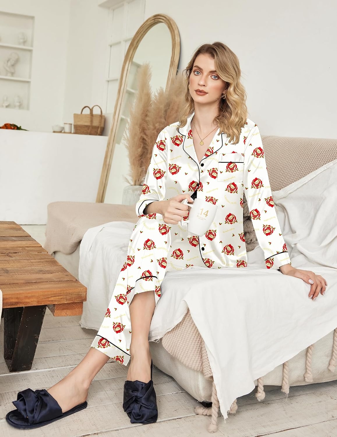 image:imageEkouaer Women Satin Pajamas Set Classic Button Down Long Pjs SetChristmas Teddy 02
