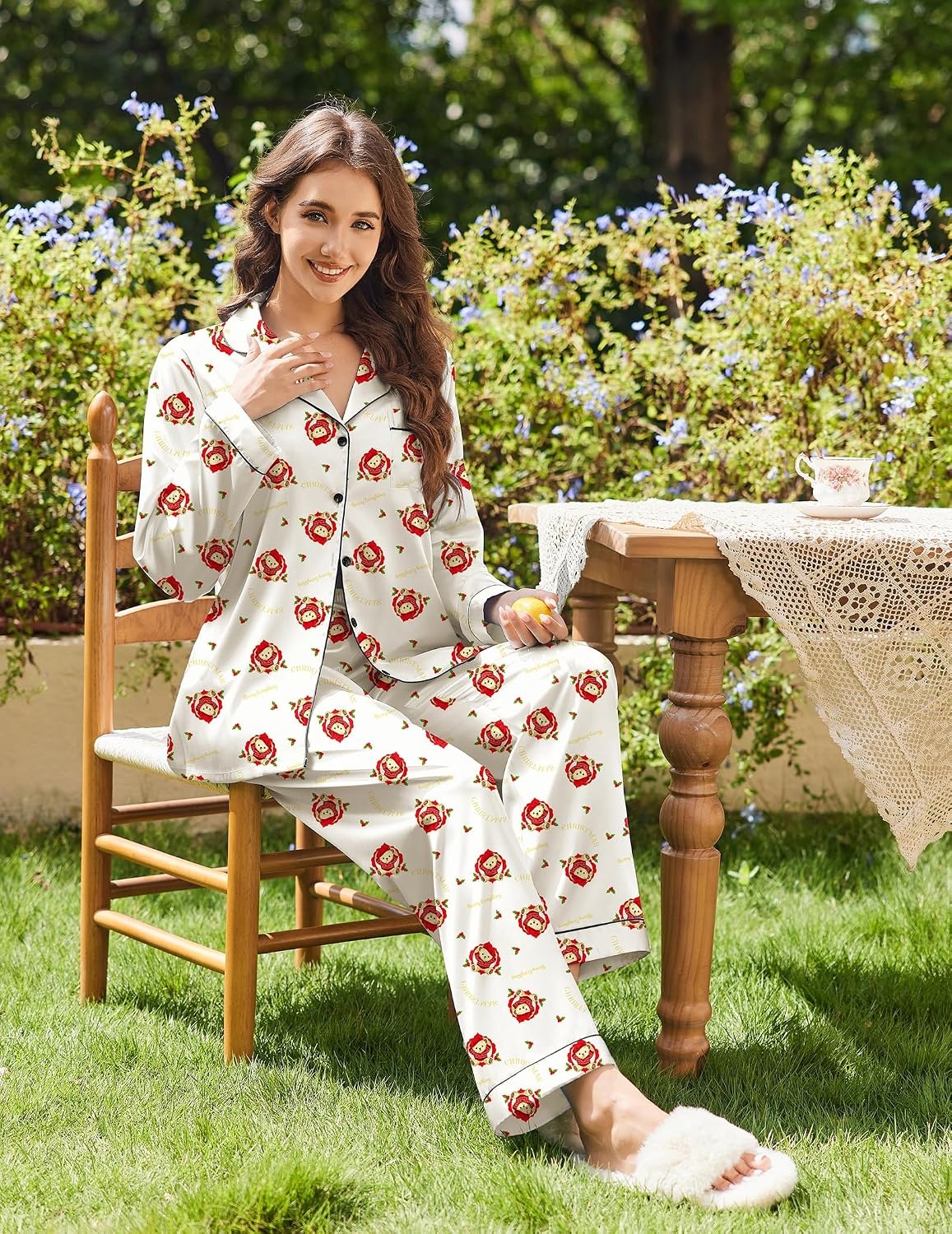 image:imageEkouaer Women Satin Pajamas Set Classic Button Down Long Pjs SetChristmas Teddy 02