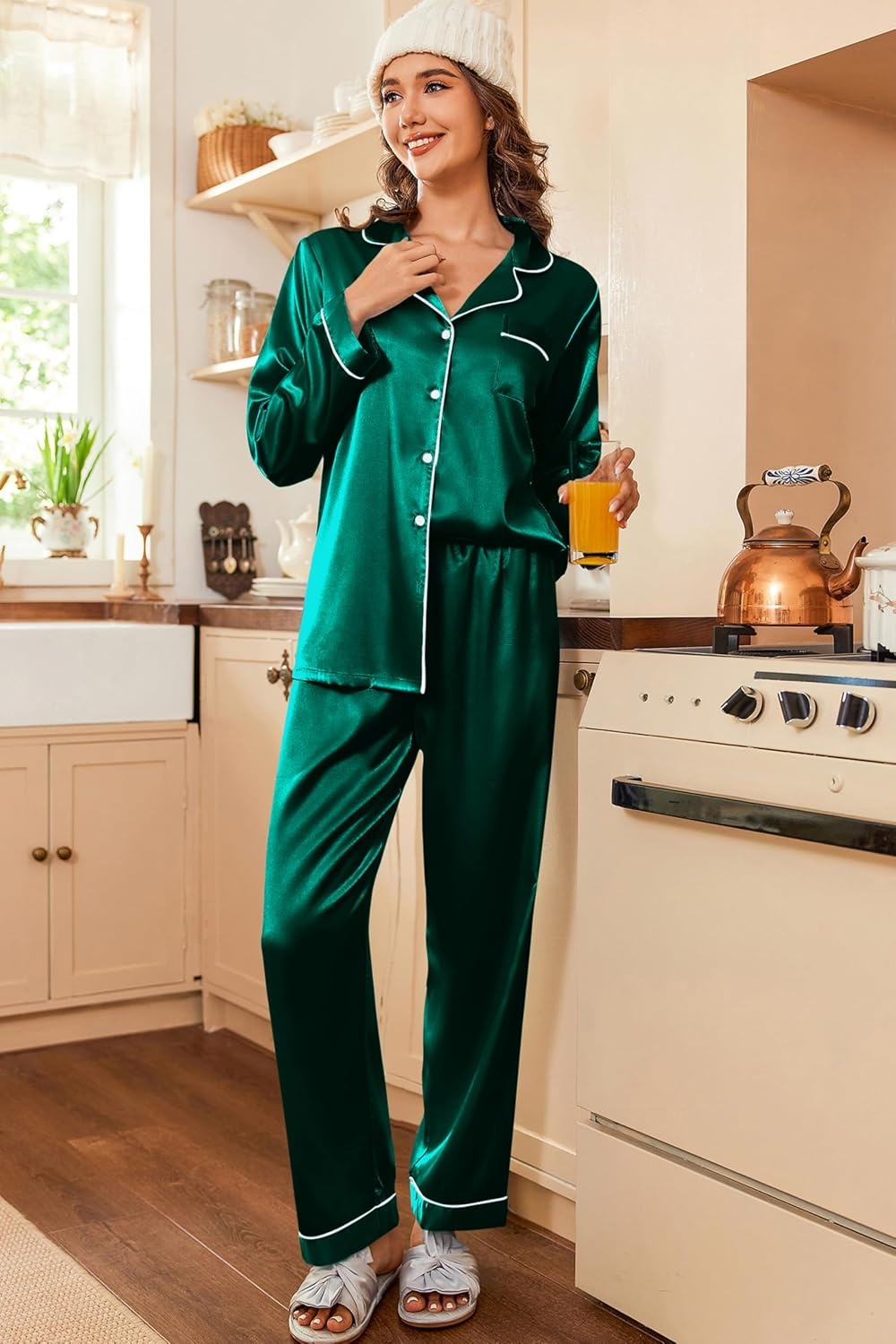 image:imageEkouaer Women Satin Pajamas Set Classic Button Down Long Pjs SetDeep Green 02