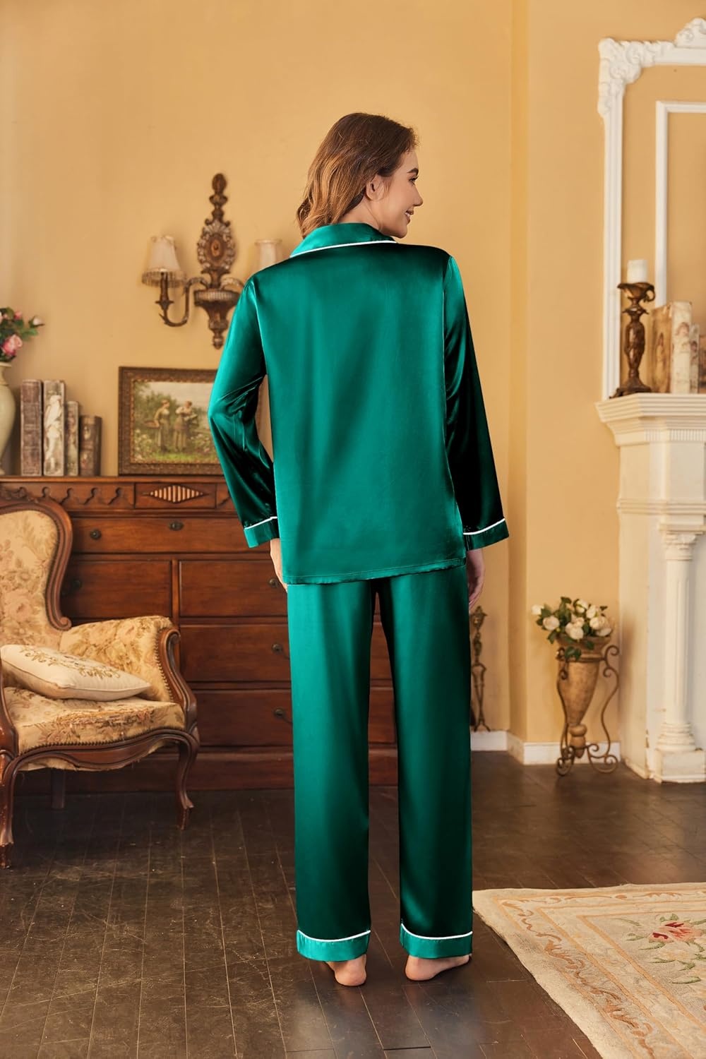 image:imageEkouaer Women Satin Pajamas Set Classic Button Down Long Pjs SetDeep Green 02